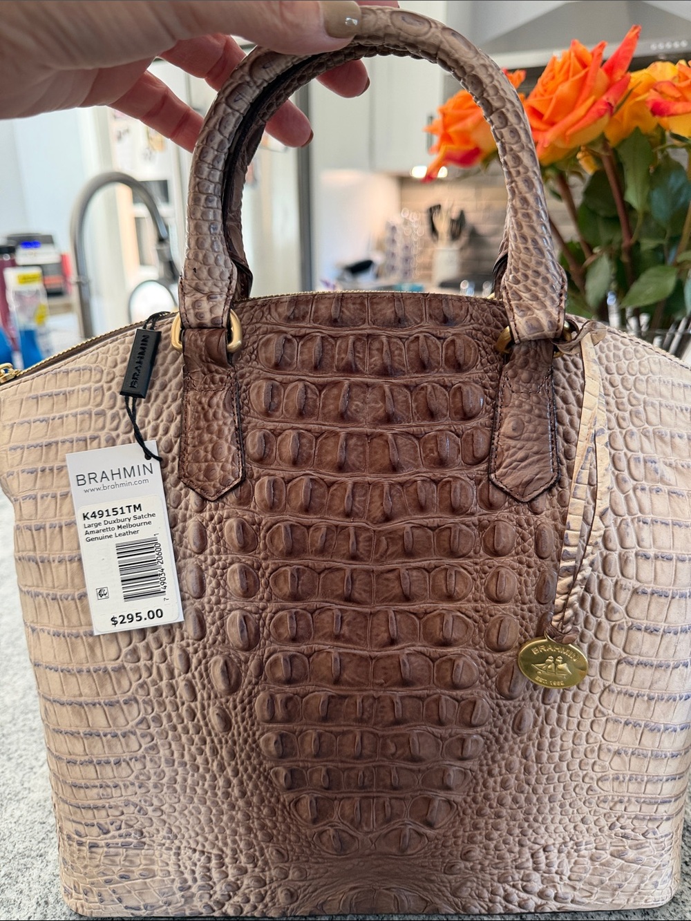 Brahmin Taupe Brown Croc-Embossed Leather Satchel